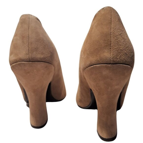 Vintage Colin Stuart Brown Suede Peep Toe Heels 7.5 Chunky Office Retro Academia - Picture 3 of 11